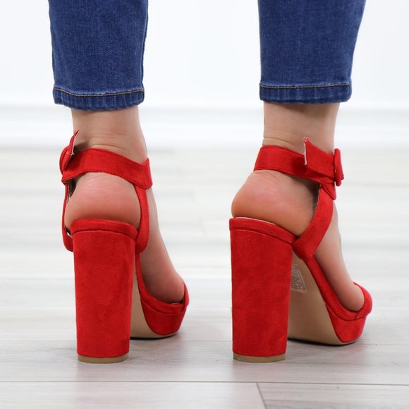 Faux Suede Red Platform Open Pointy Toe High Heels - Picture 7 of 14